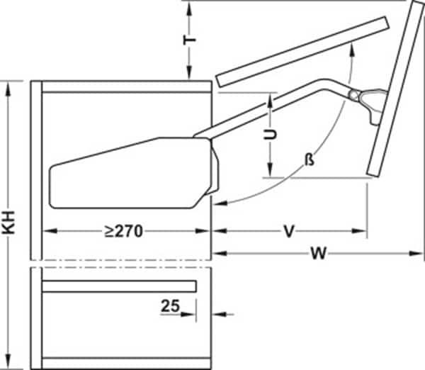 Kích thước của Bộ tay nâng Free Fold Short Hafele 493.05.730 Kích thước của Bộ tay nâng Free Fold Short Hafele 493.05.730