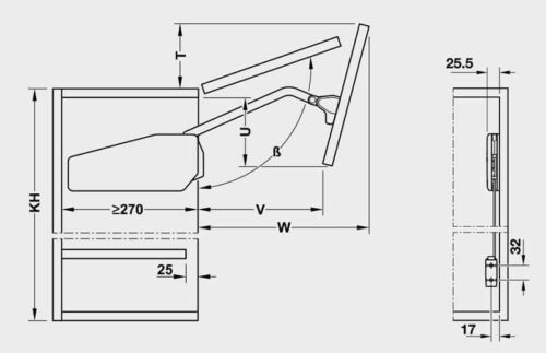 Bộ tay nâng Free Fold Short Hafele 493.05.733 3 Kích thước của Bộ tay nâng Free Fold Short Hafele 493.05.733