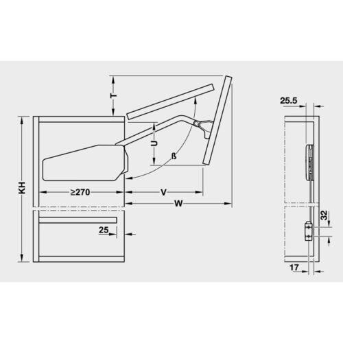 Bộ tay nâng Free Fold Short Hafele 493.05.735 3 Kích thước của Bộ tay nâng Free Fold Short Hafele 493.05.735