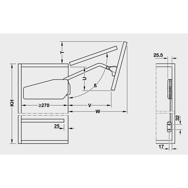 Kích thước của Bộ tay nâng Free Fold Short Hafele 493.05.735 Kích thước của Bộ tay nâng Free Fold Short Hafele 493.05.735