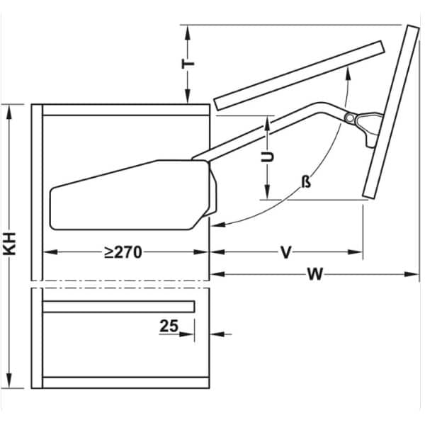 Kích thước của Bộ tay nâng Free Fold Short Hafele 493.05.736 Kích thước của Bộ tay nâng Free Fold Short Hafele 493.05.736