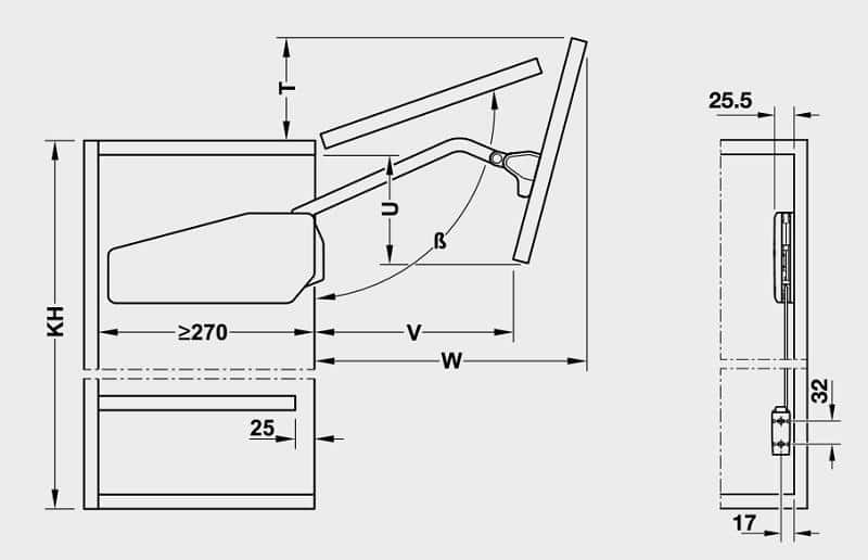 Kích thước của Bộ tay nâng Free Fold Short Hafele 493.05.740 Kích thước của Bộ tay nâng Free Fold Short Hafele 493.05.740