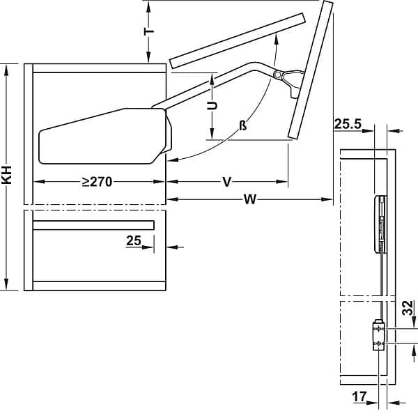Kích thước của Bộ tay nâng Free Fold Short Hafele 493.05.741 Kích thước của Bộ tay nâng Free Fold Short Hafele 493.05.741