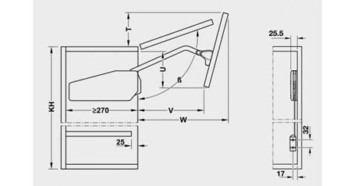 Bộ tay nâng Free Fold Short Hafele 493.05.901 3 Kích thước của Bộ tay nâng Free Fold Short Hafele 493.05.901