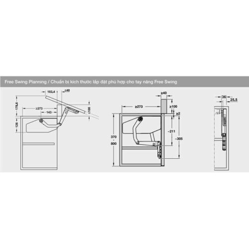Bộ tay nâng Free Swing Hafele 493.05.763, trắng 3 Kích thước của Bộ tay nâng Free Swing Hafele 493.05.763, trắng