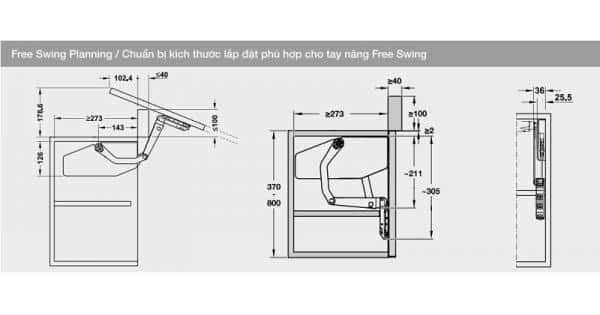 Kích thước của Bộ tay nâng Free Swing Hafele 493.05.773, đen Kích thước của Bộ tay nâng Free Swing Hafele 493.05.773, đen