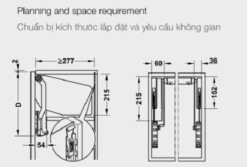 Bộ tay nâng Free Up E Hafele 372.29.708 nắp trắng 3 Kích thước của Bộ tay nâng Free Up E Hafele 372.29.708 nắp trắng