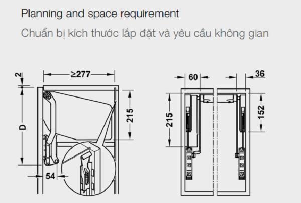 Kích thước của Bộ tay nâng Free Up E Hafele 372.29.708 nắp trắng Kích thước của Bộ tay nâng Free Up E Hafele 372.29.708 nắp trắng