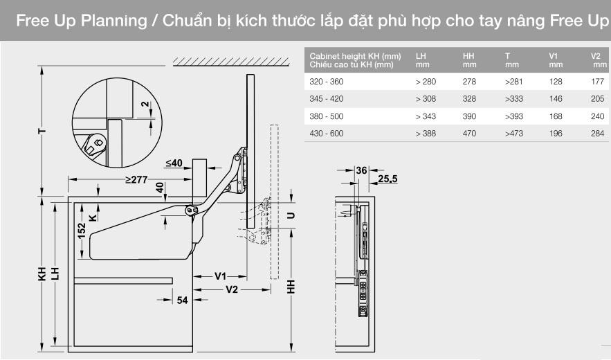 Kích thước của Bộ tay nâng Free Up Hafele 493.05.791 nắp trắng Kích thước của Bộ tay nâng Free Up Hafele 493.05.791 nắp trắng
