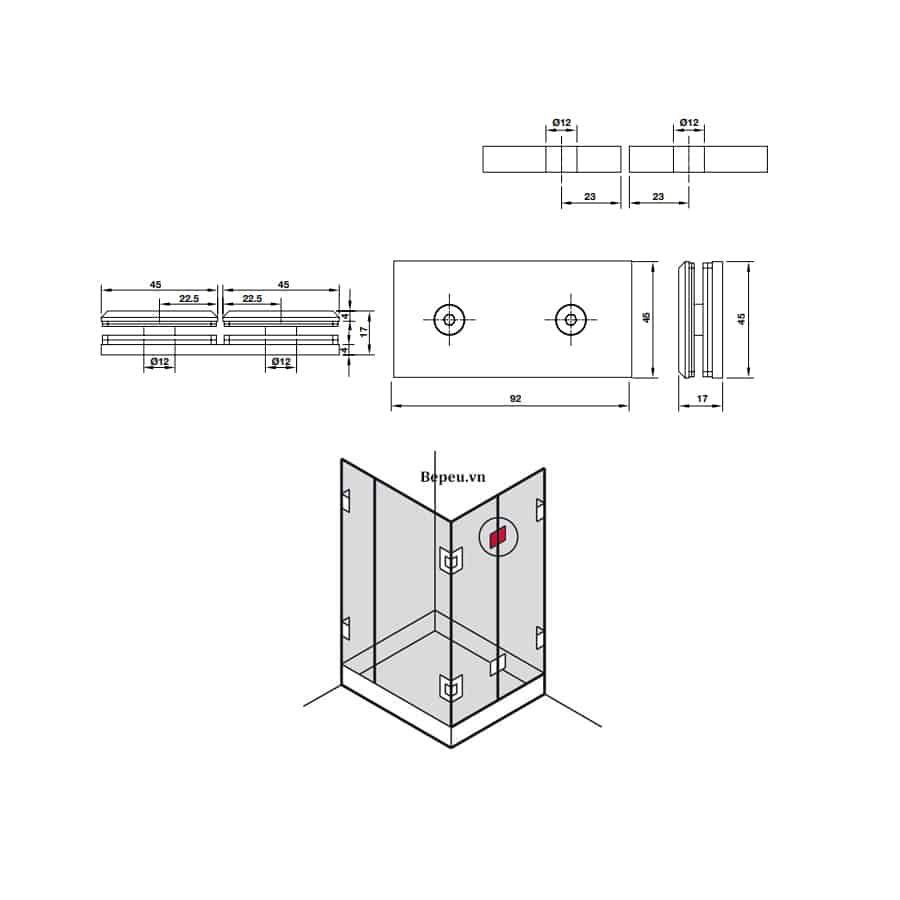 Kích thước của Kẹp kính - kính 180º màu đen Hafele 981.77.913 Kích thước của Kẹp kính - kính 180º màu đen Hafele 981.77.913