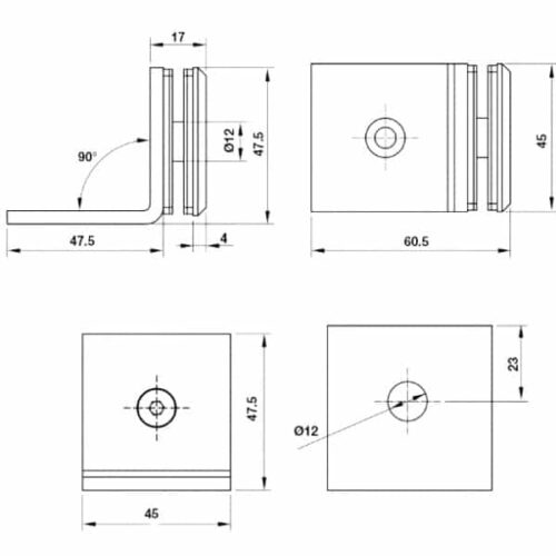 Kích thước của Kẹp kính - tường 90º có đế màu đen Hafele 981.77.911