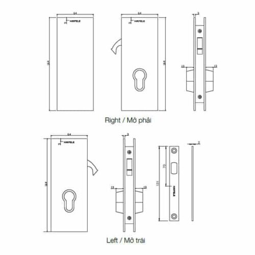 Khóa cửa kính thân khóa cửa trượt mở phải Hafele 981.59.050 3 Kích thước của Khóa cửa kính thân khóa cửa trượt mở phải Hafele 981.59.050