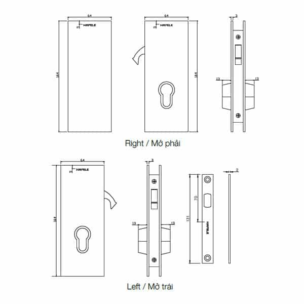 Kích thước của Khóa cửa kính thân khóa cửa trượt mở phải Hafele 981.59.050 Kích thước của Khóa cửa kính thân khóa cửa trượt mở phải Hafele 981.59.050