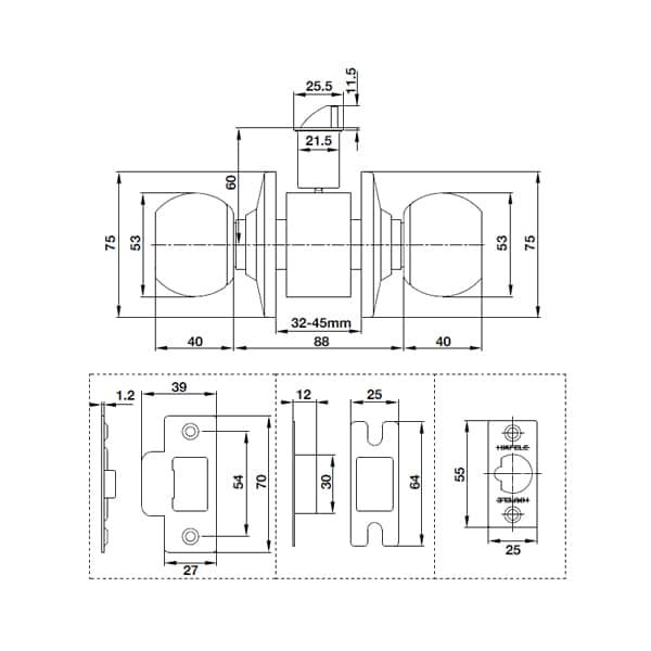 Kích thước của Khóa tay nắm tròn cửa đi Hafele 489.93.130 Kích thước của Khóa tay nắm tròn cửa đi Hafele 489.93.130