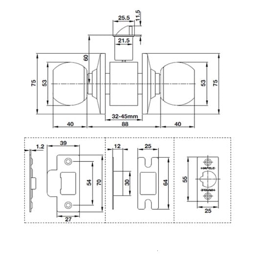 Kích thước của Khóa tay nắm tròn cửa đi Hafele 489.93.132 Kích thước của Khóa tay nắm tròn cửa đi Hafele 489.93.132