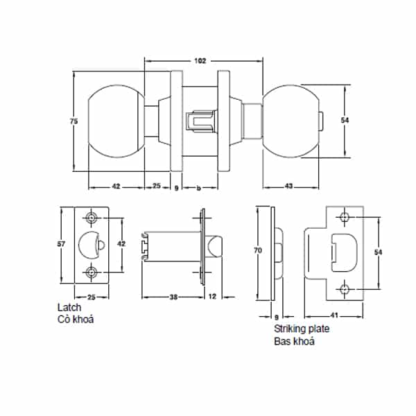 Kích thước của Khóa tay nắm tròn cửa WC loại lớn Hafele 911.64.246 Kích thước của Khóa tay nắm tròn cửa WC loại lớn Hafele 911.64.246