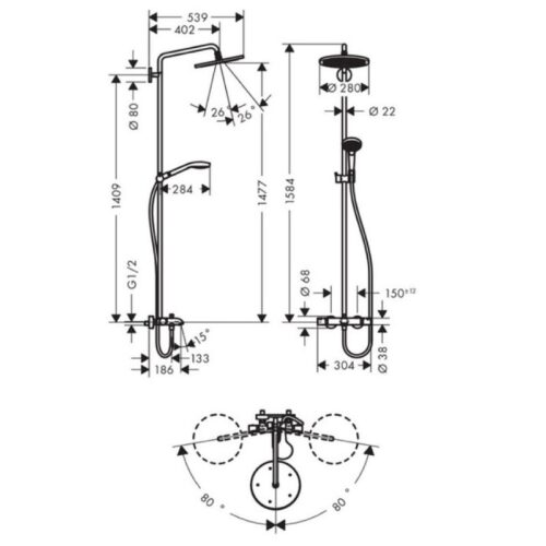 Cây sen tắm đứng Croma Select S280 có xả bồn Hafele 589.52.310 3 Kích thước Cây sen tắm đứng Croma Select S280 có xả bồn Hafele 589.52.310