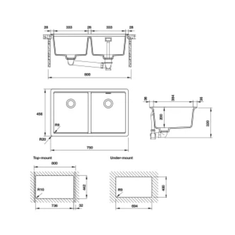 Kích thước chậu rửa đá HS20-GEN2S80 Hafele 570.30.810 Kích thước chậu rửa đá HS20-GEN2S80 Hafele 570.30.810