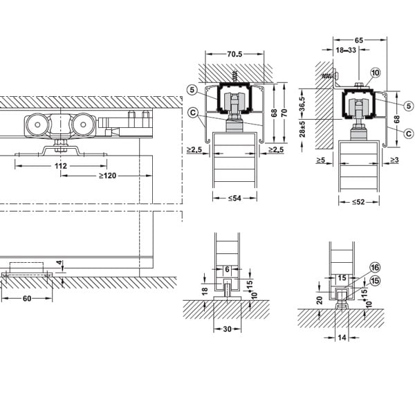 Kích thước của Phụ kiện cửa trượt Slido Classic 160-P Hafele 940.82.256 Kích thước của Phụ kiện cửa trượt Slido Classic 160-P Hafele 940.82.256