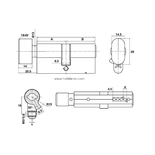 Kích thước của Ruột khóa 1 đầu chìa 1 đầu vặn 65mm Hafele 489.56.003 Kích thước của Ruột khóa 1 đầu chìa 1 đầu vặn 65mm Hafele 489.56.003