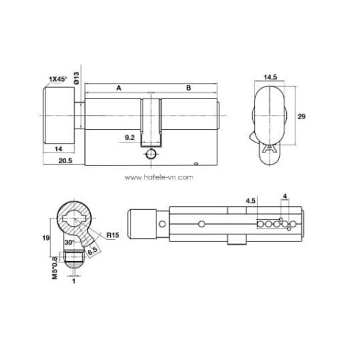Ruột khóa 1 đầu chìa 1 đầu vặn 65mm Hafele 489.56.005 3 Kích thước của Ruột khóa 1 đầu chìa 1 đầu vặn 65mm Hafele 489.56.005