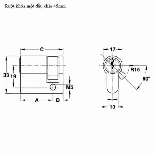 Ruột khóa 1 đầu chìa 45mm Hafele 916.63.363 3 Kích thước của Ruột khóa 1 đầu chìa 45mm Hafele 916.63.363