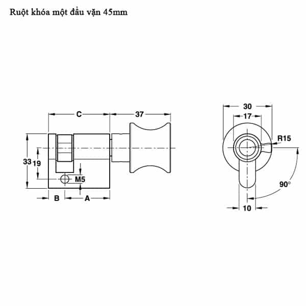 Kích thước của Ruột khóa 1 đầu vặn 45mm màu đen Hafele 916.64.035 Kích thước của Ruột khóa 1 đầu vặn 45mm màu đen Hafele 916.64.035