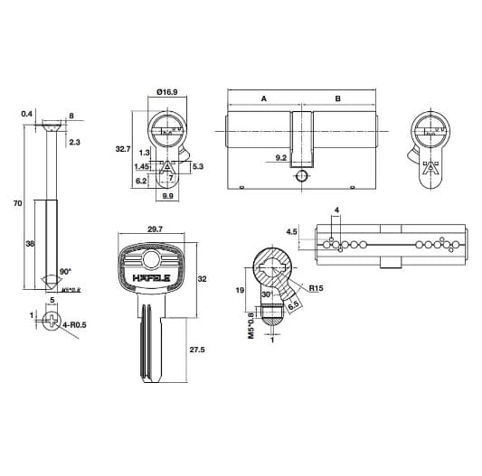 Kích thước của Ruột khóa 2 đầu chìa 71mm Hafele 489.56.001 Kích thước của Ruột khóa 2 đầu chìa 71mm Hafele 489.56.001