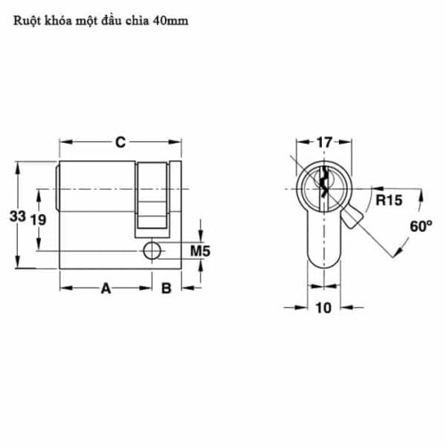 Ruột khóa 40mm một đầu chìa Hafele 916.63.361 3 Kích thước của Ruột khóa 40mm một đầu chìa Hafele 916.63.361