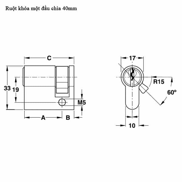 Kích thước của Ruột khóa 40mm một đầu chìa Hafele 916.63.361 Kích thước của Ruột khóa 40mm một đầu chìa Hafele 916.63.361