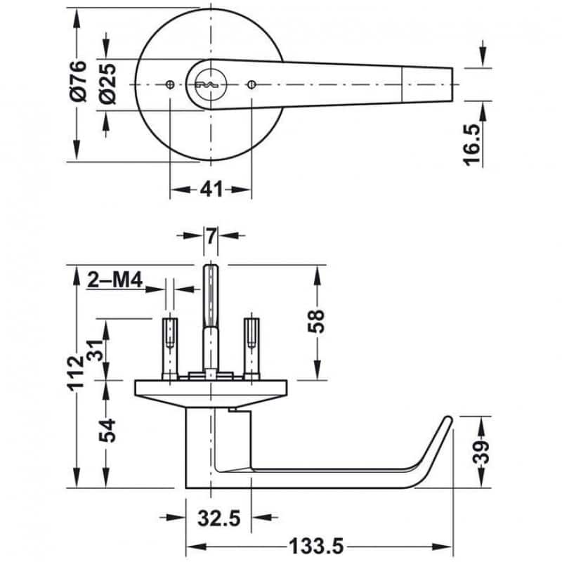 Kích thước của Tay nắm gạt có nắp che Hafele 911.54.037 Kích thước của Tay nắm gạt có nắp che Hafele 911.54.037