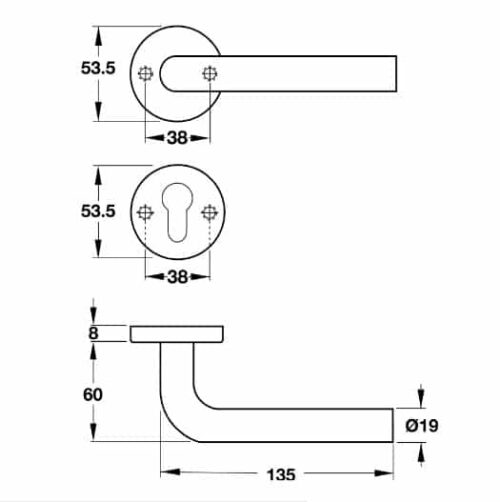 Kích thước của Tay nắm gạt cửa vệ sinh Hafele 903.93.596