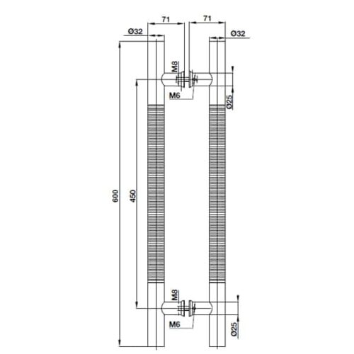 Kích thước của Tay nắm kéo chữ H 600mm Hafele 499.68.037