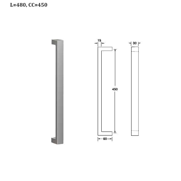 Kích thước của Tay nắm kéo dạng vuông 465mm Hafele 903.00.102 Kích thước của Tay nắm kéo dạng vuông 465mm Hafele 903.00.102