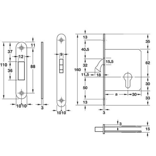 Thân khóa cho cửa trượt đố nhỏ Hafele 911.26.672 3 Kích thước của Thân khóa cho cửa trượt đố nhỏ Hafele 911.26.672