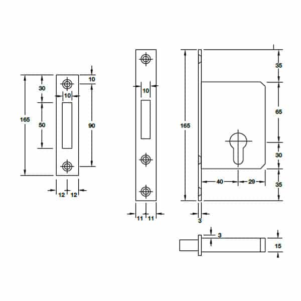 Kích thước của Thân khóa cho cửa trượt Hafele 911.26.413 Kích thước của Thân khóa cho cửa trượt Hafele 911.26.413