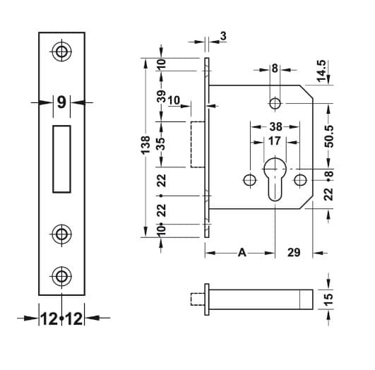 Kích thước của Thân khóa chốt chết Hafele màu đồng rêu 911.22.881 Kích thước của Thân khóa chốt chết Hafele màu đồng rêu 911.22.881