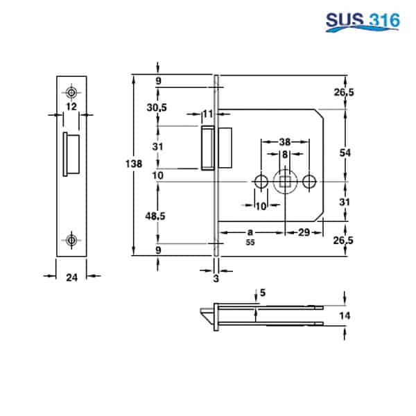 Kích thước của Thân khóa lưỡi gà Hafele 911.23.438 Kích thước của Thân khóa lưỡi gà Hafele 911.23.438