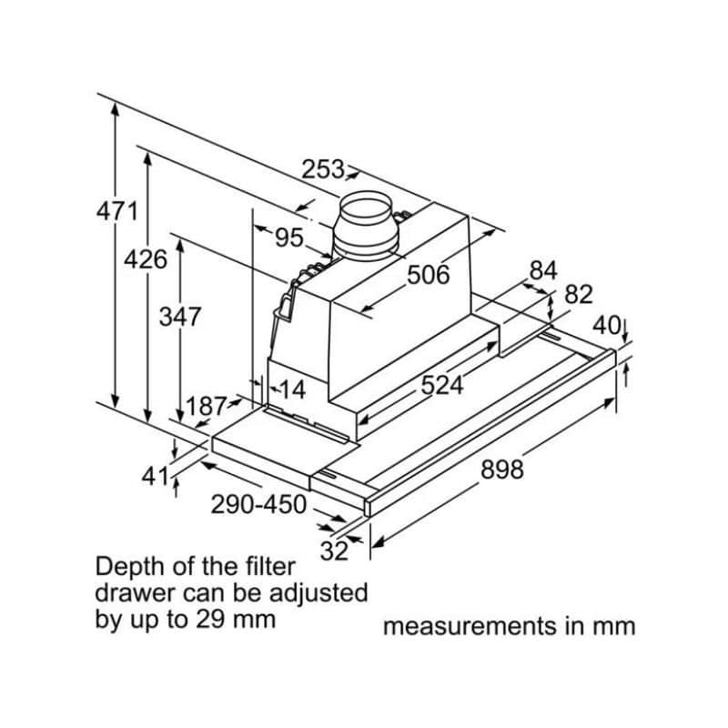 Kích thước máy hút mùi âm tủ Bosch DFS097J50B Kích thước máy hút mùi âm tủ Bosch DFS097J50B