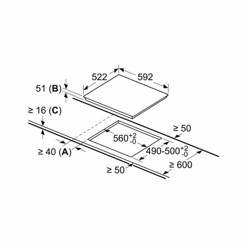 Kích thước bếp từ 3 vùng nấu Bosch PUC631BB1E Kích thước bếp từ 3 vùng nấu Bosch PUC631BB1E