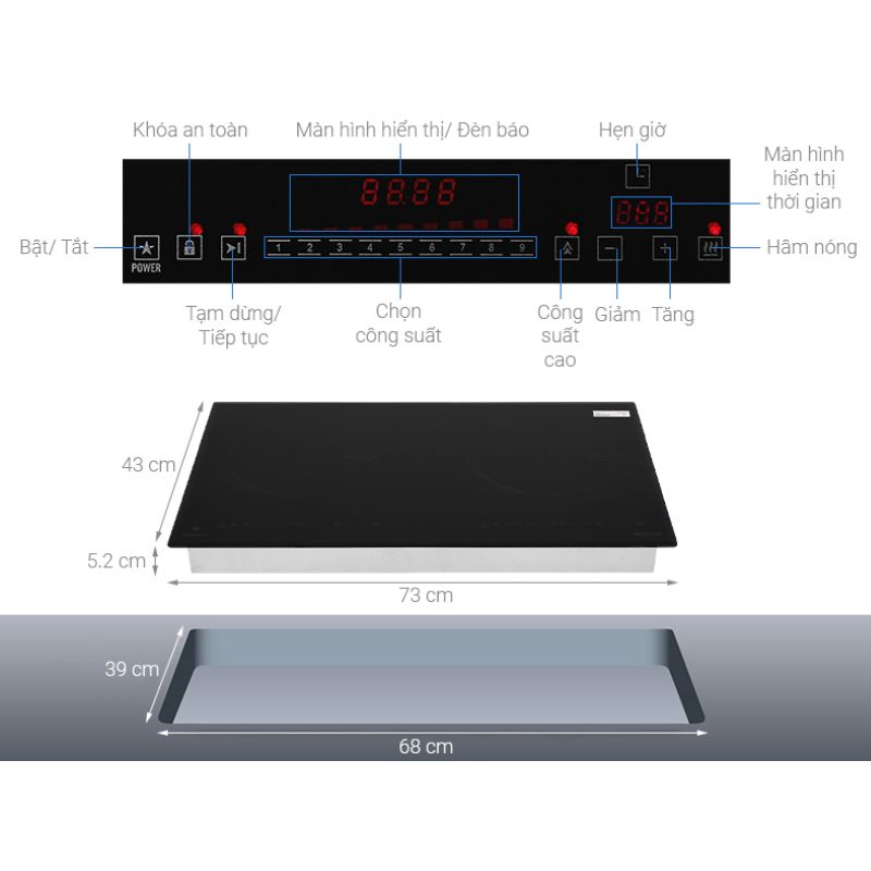 Kích thước bếp từ đôi Pramie PRMY-2205 lắp âm Kích thước bếp từ đôi Pramie PRMY-2205 lắp âm