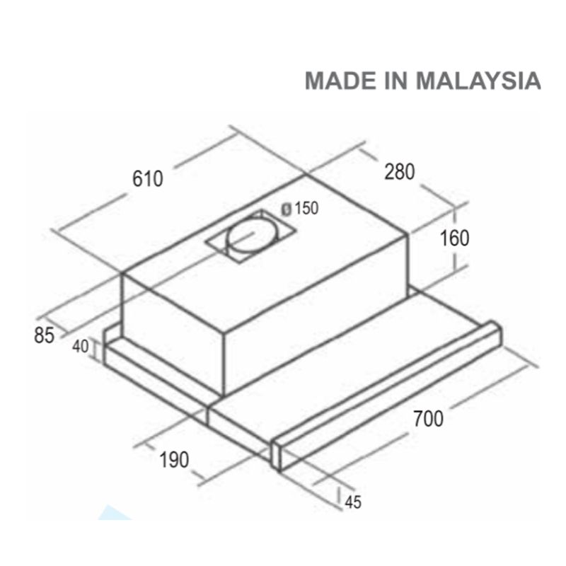 Kích thước máy hút mùi âm tủ tuần hoàn Pramie ALH-700 Kích thước máy hút mùi âm tủ tuần hoàn Pramie ALH-700