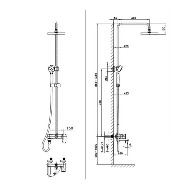 Kích thước sen cây tắm nóng lạnh Paul Schmitt PA502R Kích thước sen cây tắm nóng lạnh Paul Schmitt PA502R
