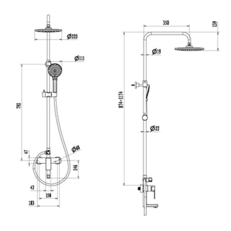 Kích thước sen cây tắm nóng lạnh Paul Schmitt PA511R Kích thước sen cây tắm nóng lạnh Paul Schmitt PA511R