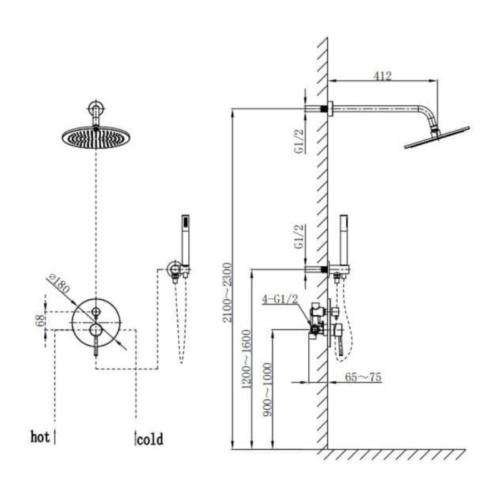 Sen tắm âm tường nóng lạnh Paul Schmitt PA601W 3 Kích thước sen tắm âm tường nóng lạnh Paul Schmitt PA601W