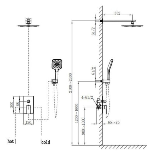 Sen tắm âm tường nóng lạnh Paul Schmitt PA602W 3 Kích thước sen tắm âm tường nóng lạnh Paul Schmitt PA602W