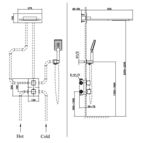 Sen tắm âm tường nóng lạnh Paul Schmitt PA604W 3 Kích thước sen tắm âm tường nóng lạnh Paul Schmitt PA604W