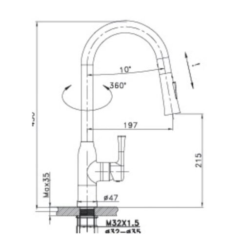 Vòi rửa bát nóng lạnh Paul Schmitt PA302K có dây rút 3 Kích thước vòi rửa bát nóng lạnh Paul Schmitt PA302K có dây rút