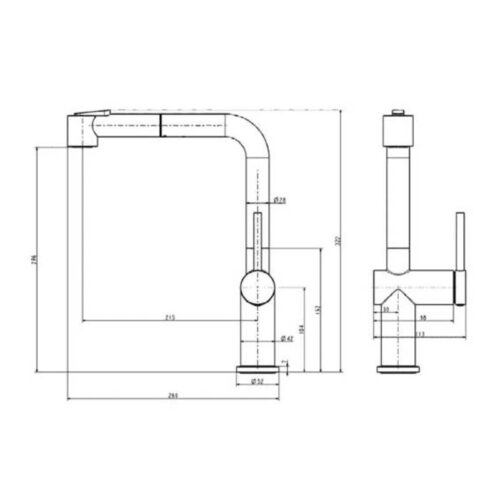 Vòi rửa bát nóng lạnh Paul Schmitt PA313K có dây rút 3 Kích thước vòi rửa bát nóng lạnh Paul Schmitt PA313K có dây rút