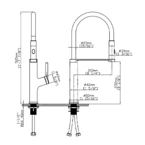 Vòi rửa bát nóng lạnh Paul Schmitt PA316K có dây rút 3 Kích thước vòi rửa bát nóng lạnh Paul Schmitt PA316K có dây rút